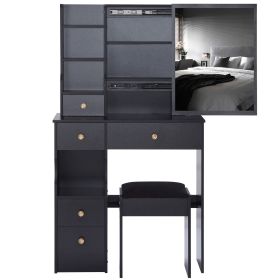 Small Size Left Drawer Desktop Vanity Table + Cushioned Stool, Extra Large Sliding Mirror, Multi Layer, High Capacity Storage Fashionable Dresser