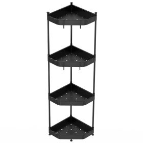 4 Tier Corner Shower Caddy Floor Standing Corner Shelf Carbon Steel Bathroom Storage Rack Organizer Stand with 4 Hooks for Bathroom Bathtub