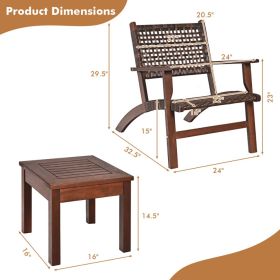 3 Pieces Outdoor Wooden Patio Rattan Furniture Set (Color: Brown)