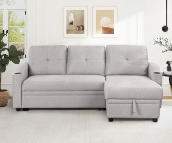 Pull Out Sofa Bed Modern Padded Upholstered Sofa Bed ; Linen Fabric 3 Seater Couch with Storage Chaise and Cup Holder ; Small Couch for Small Spa (Color: Gray)