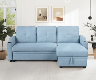 Pull Out Sofa Bed Modern Padded Upholstered Sofa Bed ; Linen Fabric 3 Seater Couch with Storage Chaise and Cup Holder ; Small Couch for Small Spa (Color: Blue)