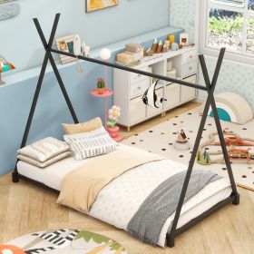 Metal Twin Size House Platform Bed With Triangle Structure, Black (Color: Black)
